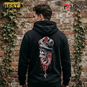 Foo Fighters Take Cover Tour 2026 Concert Pullover Hoodie 2 Black hoodie with graphic design of a skull wearing a helmet, roses, and the FF logo in red and white tones!