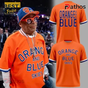 Orange t-shirt with blue text Orange and Blue Skies retro sports graphic style worn by Spike Lee!