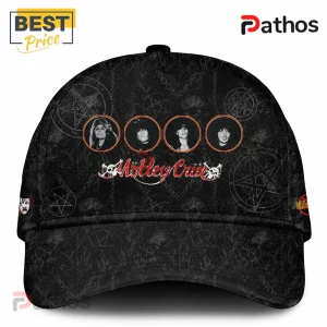 Motley Crue 45th Anniversary Carnival of Sins Tour Baseball Jersey 3 Black baseball cap featuring Motley Crue band members in circular frames with pentagram and chain patterns in red and white!
