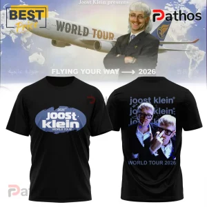 Joost Klein Midnight Echo World Tour 2026 Pullover Hoodie 2 Black graphic t-shirt featuring Joost Klein World Tour 2026 text with photo prints of the artist in a suit!