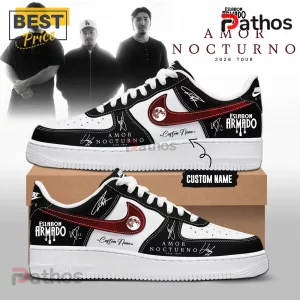 Custom Eslabon Armado Amor Nocturno 2026 Tour sneakers in black and white with red swoosh and signature graphics!