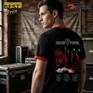 Black ringer t-shirt with red trim featuring Smashing Pumpkins The Rats in a Cage tour graphic in red and white text!