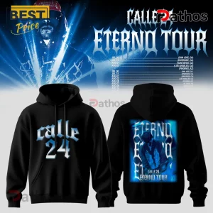 Black hoodie with metallic blue Calle 24 Eterno Tour graphic text on front and a concert photo print on the back!