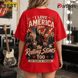 Red unisex t-shirt featuring vintage rock concert graphic of The Rolling Stones with text I Love America And The Rolling Stones!