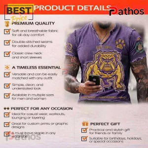Omega Psi Phi 1911 Que Dog Mascot Distressed Purple Gold T-Shirt 3 Purple distressed t-shirt with yellow bulldog graphic and text EST 1911 SCHOLARSHIP PERSEVERANCE UPLIFT!