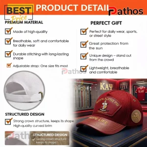 Kappa Alpha Psi Nupe Life Crimson Leather Brim Embroidered Baseball Cap 4 Maroon Kappa Alpha Psi baseball cap with gold Nupe Life text and fraternity shield logo patch on a red background!