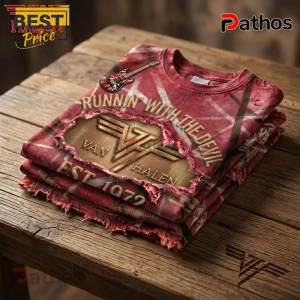Van Halen Runnin With The Devil Est 1972 Frankenstrat T-Shirt 1 Red Van Halen graphic tee featuring Runnin With The Devil text and Eddie Van Halen signature striped guitar pattern!