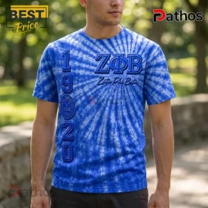 Blue tie-dye t-shirt with Greek letters ZPHB and 1920 written vertically in bold 3D blue font!