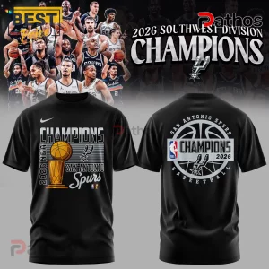 San Antonio Spurs 2026 NBA Champions Black Pullover Hoodie 2 Black Spurs 2026 Southwest Division Champions t-shirt with basketball trophy graphic and team text!