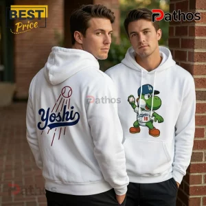 White hoodie with Yoshi baseball graphic wearing a Dodgers cap and script text Yoshi on the back!