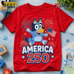 Bluey America 250 Years of Freedom Patriotic USA Red Graphic T-Shirt 2 Red children t-shirt with Bluey cartoon character holding US flag with America 250 text and fireworks graphic print!