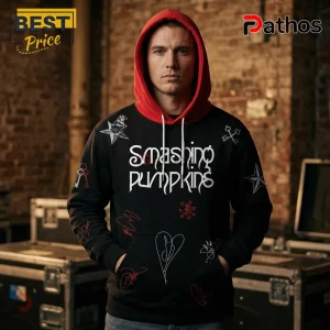 Black hoodie with red hood features Smashing Pumpkins logo white text stars keys and band signatures graphics!