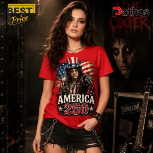 Alice Cooper America 250 Years Of Freedom Patriotic Red 3D T-Shirt 3 Red graphic t-shirt featuring Alice Cooper in Uncle Sam hat with American flag, text reads America 250, rock music style!