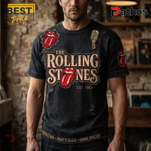 Vintage black distressed Rolling Stones band t-shirt with red tongue logo and vintage microphone graphic!
