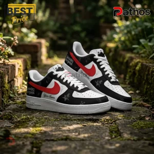 The Smashing Pumpkins Rats In A Cage Tour 2026 Limited Edition Air Force 1 1 Custom Smashing Pumpkins sneakers in black and white with red swoosh and Your Name text on outdoor stone background!
