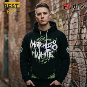 Black hoodie with green and white Motionless in White metal band logo design on chest and sleeves!
