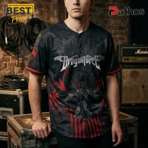 Black baseball jersey with Dragonforce text, red wing graphics, and distressed print design for metal music fans!