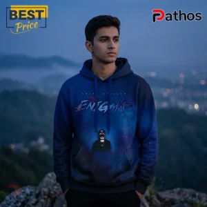 Dark blue hoodie featuring a galaxy print, Arjai Dhillon text, and Enigma graphic with a portrait of a man in sunglasses!