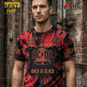 Red and black tie dye AC DC band t-shirt with bell graphic and Back In Black text in distressed rock style!