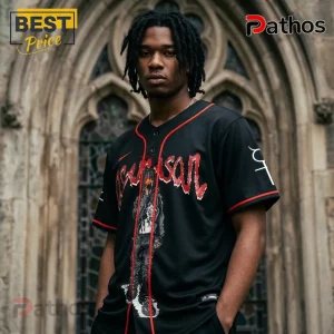Black baseball jersey with red piping and red gothic Ascension text featuring a graphic figure print!