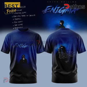 Arjan Dhillon Enigma blue graphic tee with album tracklist text on a dark blue background!