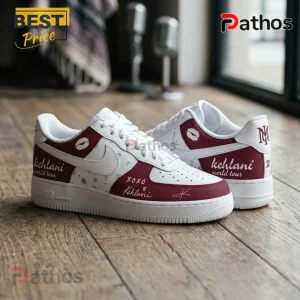 Kehlani World Tour 2026 Limited Edition Air Force 1 Sneakers 1 Custom white and burgundy sneakers featuring Kehlani world tour text, lipstick kiss marks, and handwritten autographs!
