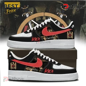 Custom Nike Air Force 1 sneakers with Slayer band logo, red swoosh, and black leather upper with graphic metal print!