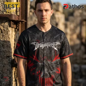 Black Dragonforce baseball jersey with red accents and graphic print of a dark warrior figure on the front!