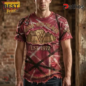 Van Halen Runnin With The Devil Est 1972 Frankenstrat T-Shirt 3 Red and black striped Van Halen t-shirt with VH logo and Runnin with the Devil text graphic!