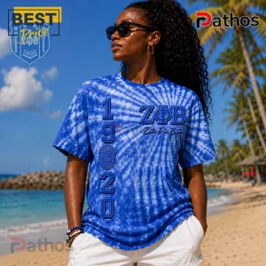 Blue tie dye Zeta Phi Beta tshirt with 1920 text and sorority shield logo in 3D effect style!