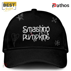 Black baseball cap featuring Smashing Pumpkins logo with star, heart, key, and moon graphics in white line art style!