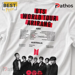 BTS World Tour Arirang 2026 Concert Double Sided Graphic T-Shirt 1 White BTS World Tour Arirang t-shirt featuring tour dates in Asia and Australia with red graphic accents!