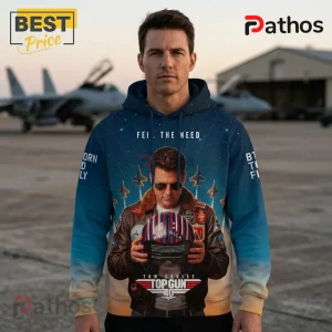 Top Gun 40th Anniversary 1986-2026 Maverick Tom Cruise Hoodie 1 Top Gun hoodie with Tom Cruise image, pilot helmet, jet fighter graphic, and text reading FEI THE NEED and TOP GUN 40!