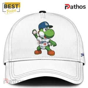 White baseball cap featuring a green Yoshi character in a Dodgers jersey and cap holding a baseball!