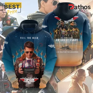 Top Gun 40th anniversary navy blue hoodie featuring Tom Cruise and cast with fighter jets and movie logo text!