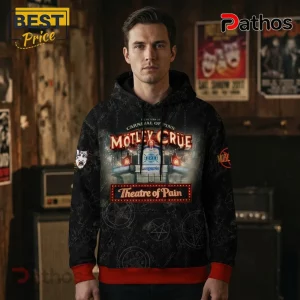 Black Motley Crue Theatre of Pain hoodie with red accents and pentagram pattern print!