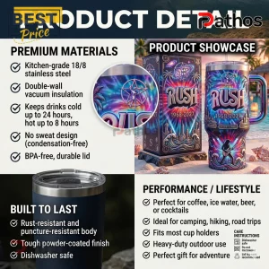 Rush Band 1968-2027 Tribute Insulated Travel Tumbler with Handle 3 Stainless steel tumbler with colorful psychedelic Rush band graphic and 1968-2027 text on a tropical beach background!