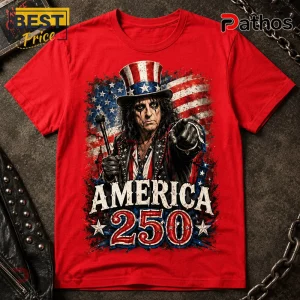 Alice Cooper America 250 Years Of Freedom Patriotic Red 3D T-Shirt 2 Red t-shirt with Uncle Sam Alice Cooper graphic with USA flag and text America 250 in distressed grunge style!