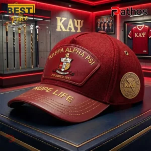 Kappa Alpha Psi Nupe Life Crimson Leather Brim Embroidered Baseball Cap 2 Red Kappa Alpha Psi baseball cap with gold embroidery, Nupe Life text on brim, and official crest logo badge.!