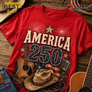 George Strait I Love America And George Strait Too 250 Years Of Freedom T-Shirt 2 Red t-shirt with America 250 text, acoustic guitar, cowboy hat, and microphone in a patriotic retro graphic style!