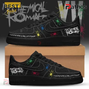 Black sneakers with My Chemical Romance logo, The Future Is Bulletproof text, and colorful spider graphics.!
