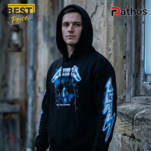 Black hoodie with Metallica Ride The Lightning blue graphic print on front and sleeve!