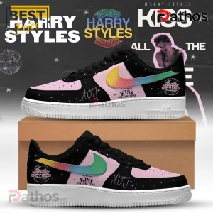 Custom sneakers featuring black and pink panels, rainbow swoosh, disco ball graphics, and Harry Styles Kiss text branding!