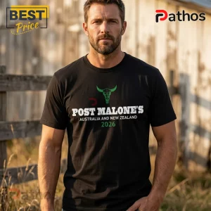 Black t-shirt featuring green bull skull graphic and white text Post Malone's Australia and New Zealand 2026!