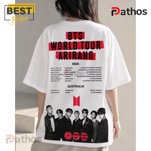 BTS World Tour Arirang 2026 Concert Double Sided Graphic T-Shirt 4 White oversized t-shirt with BTS World Tour Arirang graphic featuring tour dates, venues, and member photo in red and black!