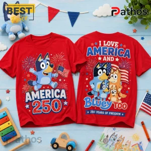 Red graphic t-shirts featuring Bluey characters, fireworks, US flags, and text America 250 and I Love America and Bluey Too!