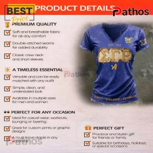 Blue distressed v-neck t-shirt with gold Sigma Gamma Rho lettering and poodle graphic for sorority members!