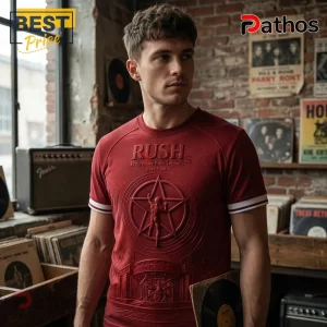 Rush Progressive Rock Legends Starman Embossed Effect Burgundy T-Shirt 3 Red ringer t-shirt featuring embossed Rush band logo star man graphic and text Rush Progressive Rock Legends Since 1968!