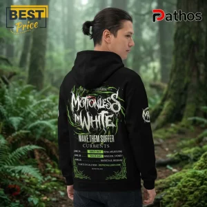 Black hoodie featuring Motionless In White tour graphics in white and green text on the back!
