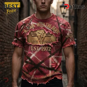 Van Halen Runnin With The Devil Est 1972 Frankenstrat T-Shirt 2 Red and black striped Van Halen t-shirt with Runnin with the Devil text and distressed fabric edges!